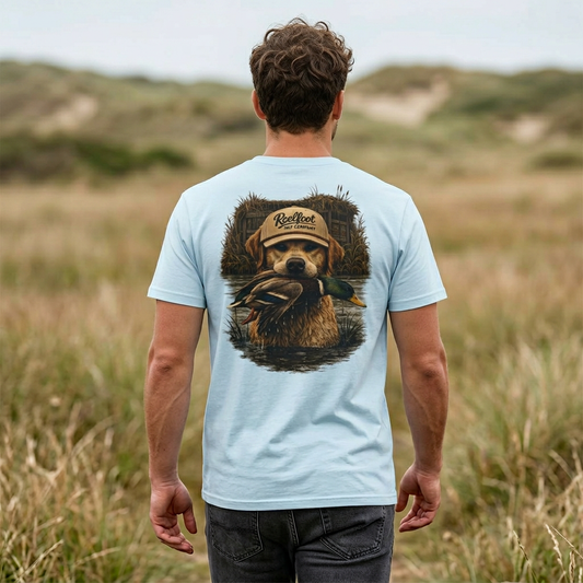Duck Hunting Retriever Graphic T-Shirt — Dog & Mallard Back Print