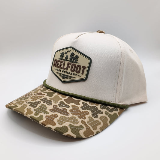 Left-side view of Reelfoot Cypress Flight structured 5-panel canvas rope cap and camo bill
